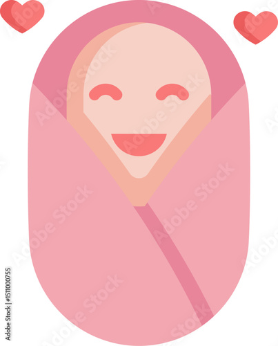Smiling newborn baby wrapped in pink blanket sleeps peacefully with hearts floating above, symbolizing love and new beginnings.