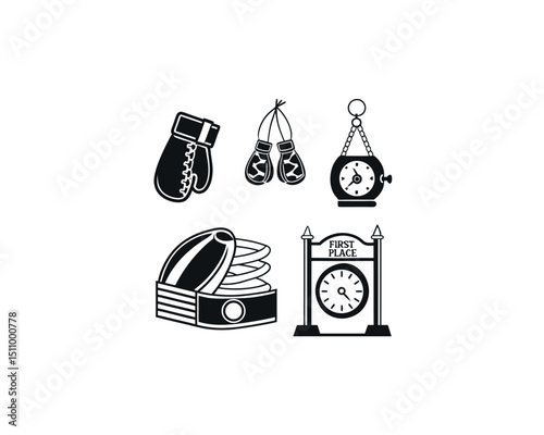 Boxing Championship Icons Gloves, Timer, and First Place Award