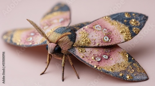   A zoomed-in image of a moth perched on a pink surface with golden specks and sparkles adorning its wings