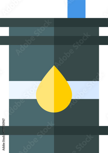 Oil barrel with yellow drop sitting in industrial setting representing energy and resources, conveying a sense of industry and utility.
