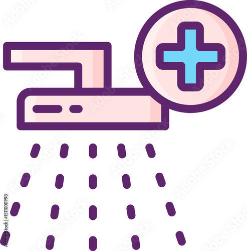 Showerhead dispenses water with a plus symbol indicating water purification or enhanced features in a modern bathroom, suggesting cleanliness and innovation.