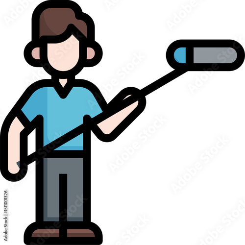 Man holding microphone on boom pole recording audio in studio for film production with professional equipment and focused expression.