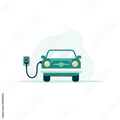 Vintage green electric car charging with a power connector against a minimalistic background, eco-friendly transportation concept of automotive businesses