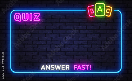 Bright quiz layout with ABC options and glowing answer fast sign on dark brick wall, vivid interactive trivia template