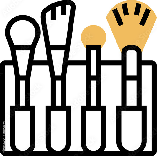 Makeup brushes standing neatly in organizer, ready for cosmetic application in a beauty salon, showcasing tools for creating flawless looks.