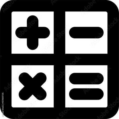 Calculator symbols representing mathematical operations in black and white, showcasing addition, subtraction, multiplication, and division for education and finance.