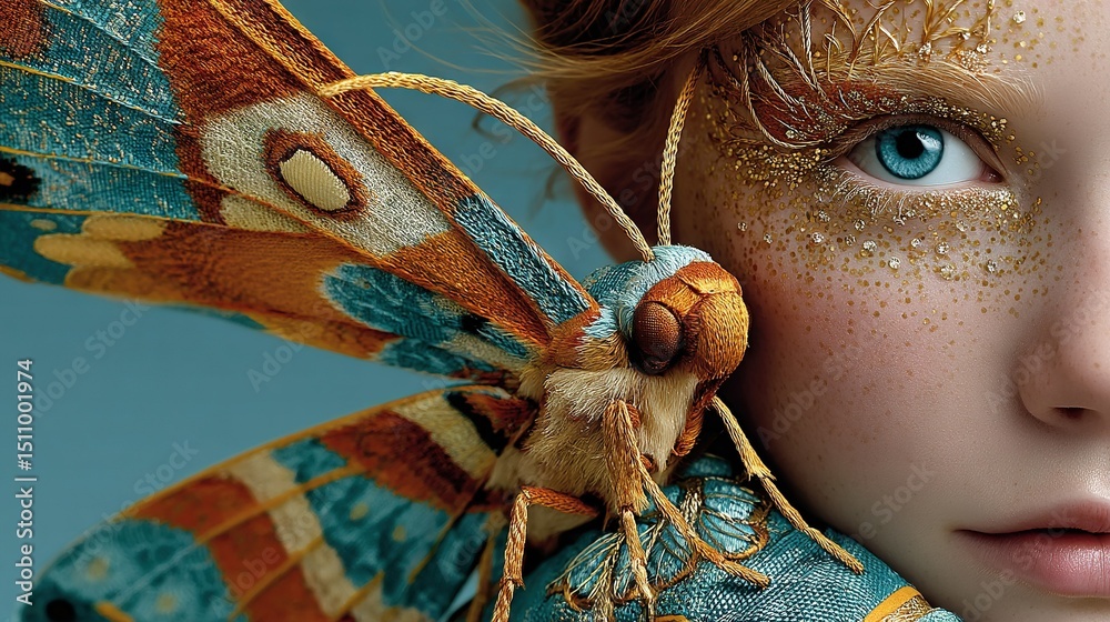 Obraz premium A close-up of a child's face adorned with a butterfly on its body and gold glitter on its wings