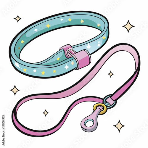 Colorful dog collar and leash set with stars isolated on white  
