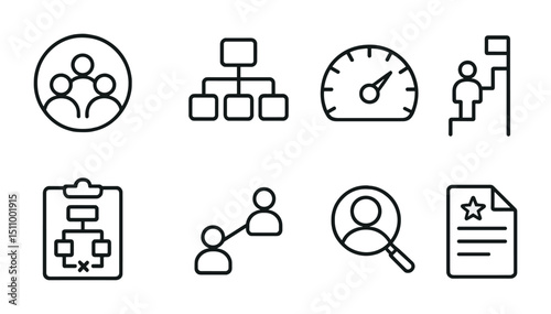 Business icons: teamwork, structure, success, blueprint, achievement, progress, growth, recognition.