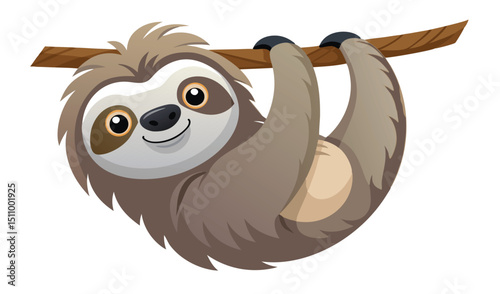 Adorable cartoon sloth hanging on branch