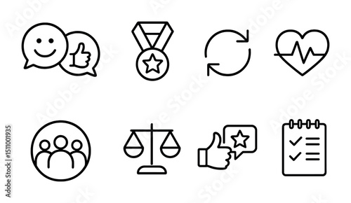 Simple black line icons for communication, achievement, health, feedback, group, and balance.