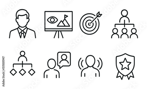 Business and leadership icons set with people, targets, and shields.