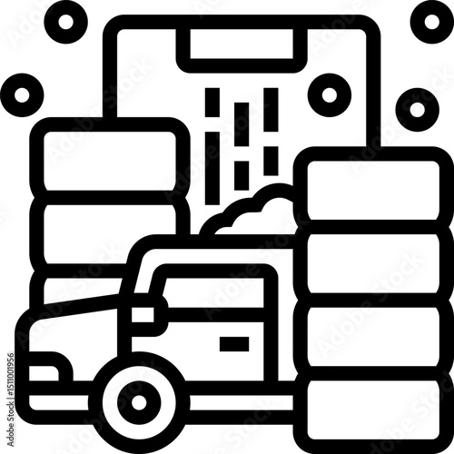 Truck transporting stacked cardboard boxes through industrial warehouse, showcasing logistics and delivery in a minimalist style.