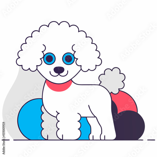 Cartoon poodle standing playfully among colorful balls  