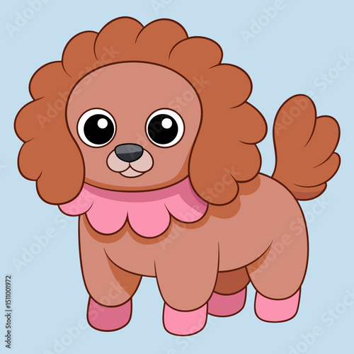 Cartoon dog character with fluffy mane and pink accents on blue background  