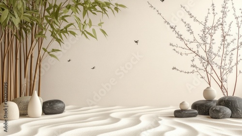 Tranquil zen garden scene with bamboo and blossoms.