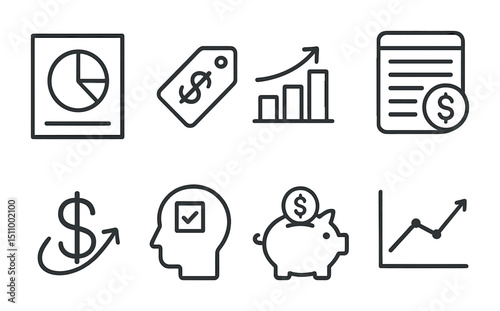 Finance and business icons set with graphs, charts, and money symbols.