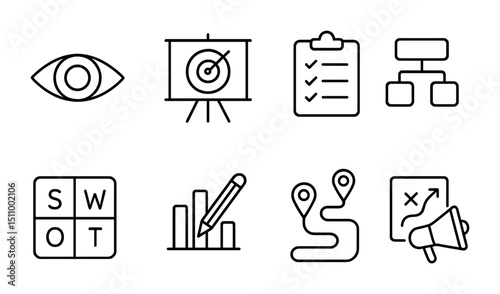 Business planning icons: eye, target, checklist, flowchart, swot, graph, map, strategy.