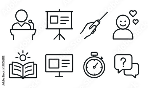 Education icon set: presentations, reading, communication, time management.