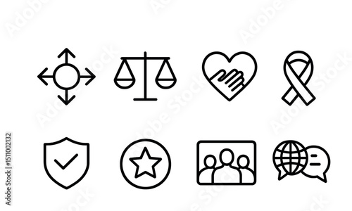 Set of iconic symbols representing direction, balance, compassion, awareness, protection, excellence, community, global communication.