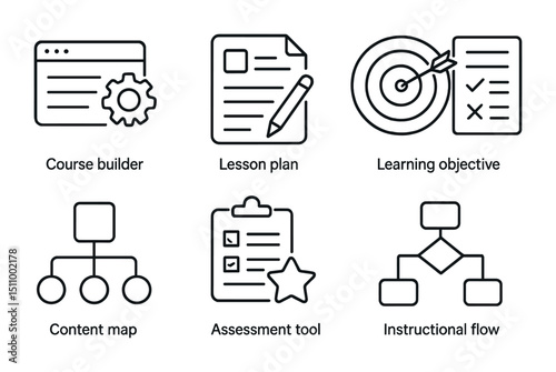 Educational icons for course building and instructional design tools.