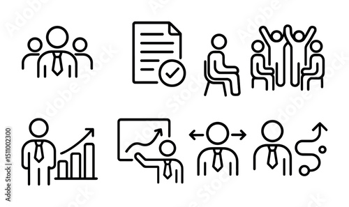 Business meeting icons illustrating teamwork, growth, and strategy planning in line art.