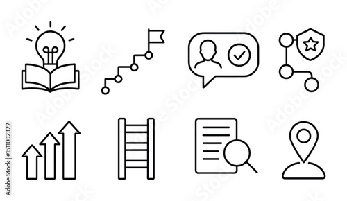 Set of eight line icons representing ideas, progress, and communication.