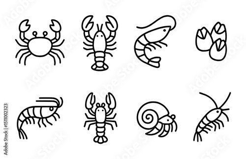 Black and white line icons of crustaceans including crabs and lobsters.