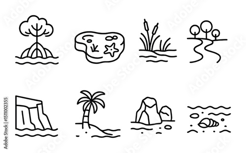Simple black and white nature icons illustrating various landscapes and elements.