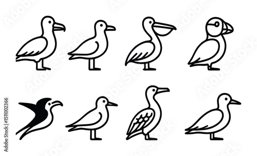 Minimalist outline illustrations of various birds in profile view.