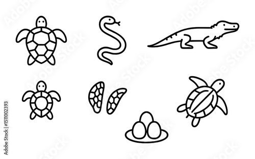 Outline illustrations of reptiles and eggs featuring turtles, snake, and crocodile.