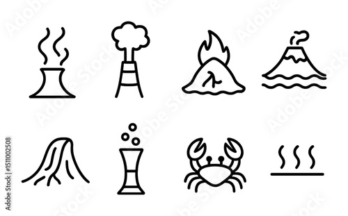 Geothermal and marine icons: volcanoes, hot springs, crabs, and chimneys.