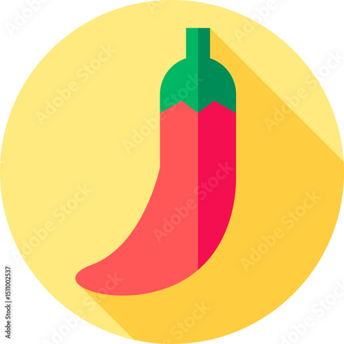Red chili pepper casting long shadow on yellow circle, representing spicy flavor and culinary ingredient, creating vibrant and appetizing visual.