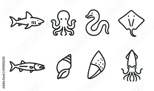 Black and white sea animal icons: shark, octopus, snake, ray, fish, shell, squid.
