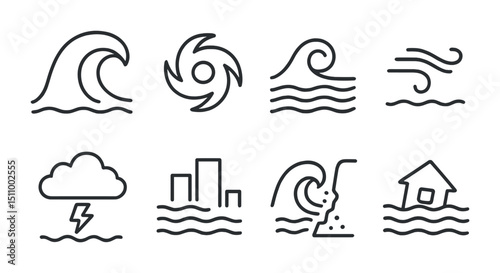 Set of natural disaster icons: waves, hurricane, wind, lightning, flooding.