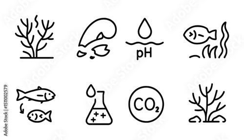 Aquatic ecology symbols: water quality, fish, co2, ph, and coral illustrations.