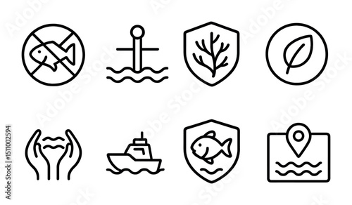 Set of minimalist marine and environmental conservation icons.