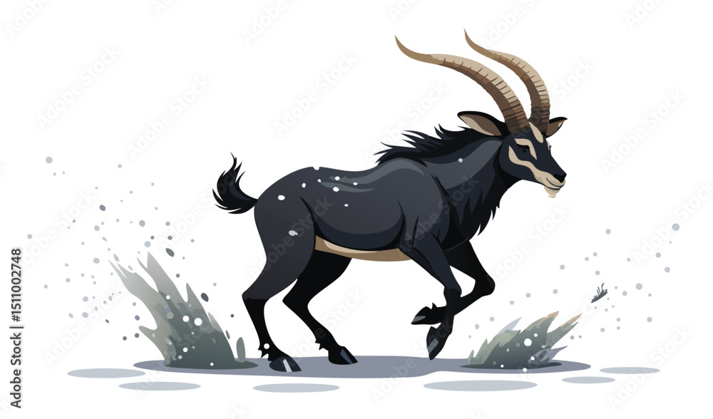 Black sable antelope running through water