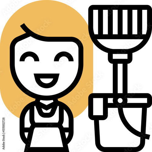 Smiling woman stands next to a bucket and mop, ready for cleaning in a simple, cheerful style, conveying cleanliness and helpfulness.