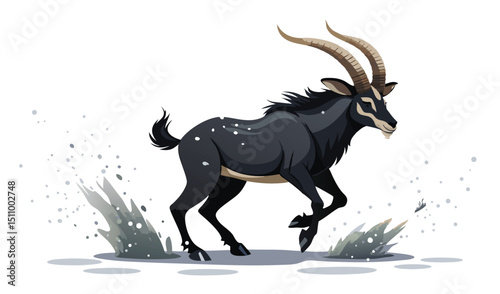 Black sable antelope running through water