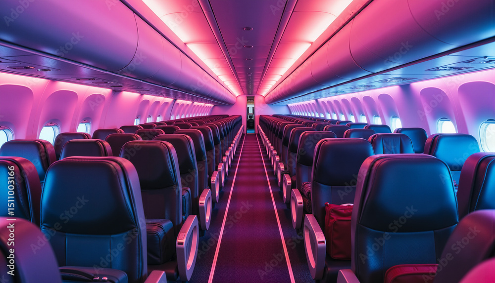 Fototapeta premium Stylish and modern airplane interior with empty rows of black leather seats under vibrant pink and blue lighting, travel concept of airline services or travel agencies