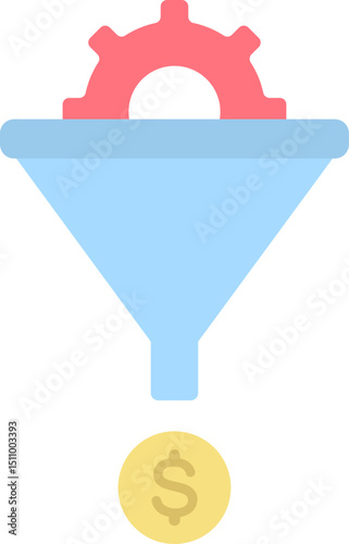 Funnel transforms data into money with a gear on top, representing process optimization and financial gain in a clean and modern style.