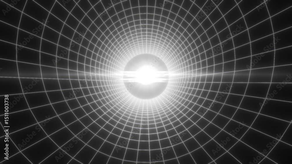 Fototapeta premium A tunnel of white grid lines converging into a bright focal point, representing a futuristic abstract digital concept background