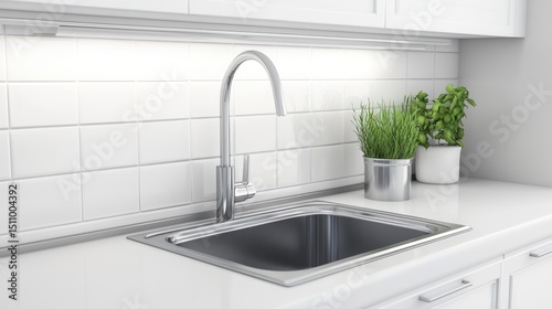 Modern Kitchen Sink Design with Chrome Faucet and Herbs