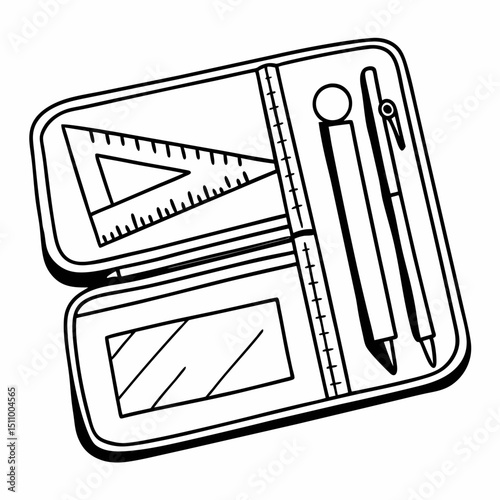 Pencil case with ruler, pen, and sharpener in minimalist style  