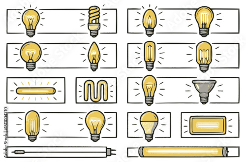 Creative Light Bulb Concept Vector Design: Hand Drawn Illustration of Energy-Saving Lighting Variations - Bright Ideas and Modern Home Inspiration