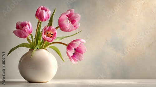   A white vase filled with pink tulips on a white table next to a light-colored wall