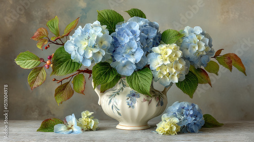  Blue and white flowers in a white vase on a table surrounded by leaves and flowers