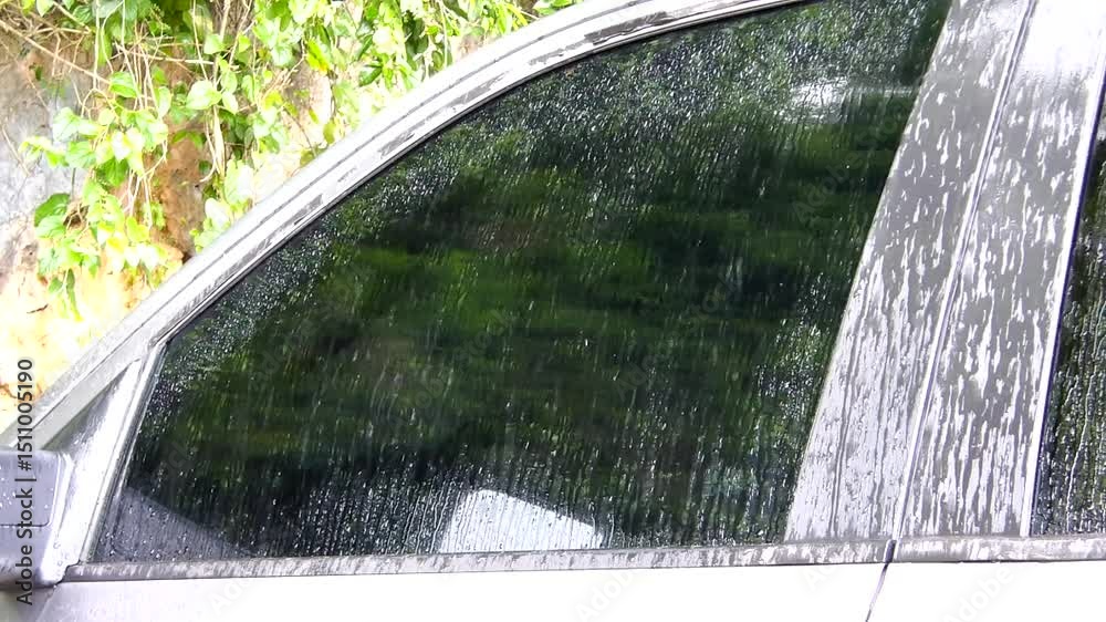 Cristal de una guagua en la lluvia.