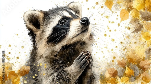   A raccoon stands on hind legs against leaf-flower backdrop